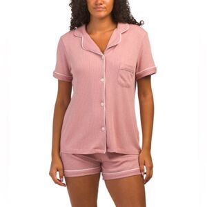 TART L-XL Pink White Dixie Notch Collar Ribbed Knit Short Sleeve Shorty PJ Set